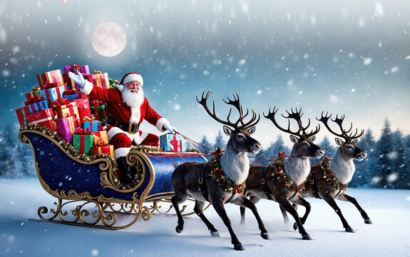 Santa Claus who runs in a sleigh loaded with gifts and pulled by reindeer in the snow-covered Lappish forest in a magical atmosphere in the moonlight