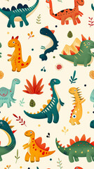 Colorful pattern of dinosaurs on a white background. The dinosaurs are drawn in a whimsical style and are smiling