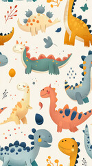 Colorful pattern of dinosaurs on a white background. The dinosaurs are drawn in a whimsical style and are smiling