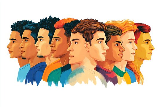 Group of diverse young men in profile representing unity modern masculinity and social identity through a contemporary portrait style with vibrant colors