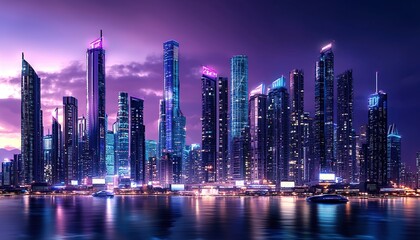 Naklejka premium Night cityscape with skyscrapers and boats reflecting in the water.