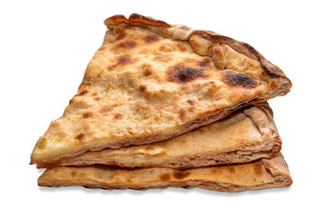 Focaccia stuffed with ham and cheese, three slices isolated