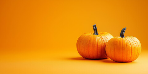 Two Pumpkins on Yellow Background: Pair of uncarved pumpkins placed on a vibrant yellow backdrop, symbolizing autumn and harvest season in a minimalist and modern style.