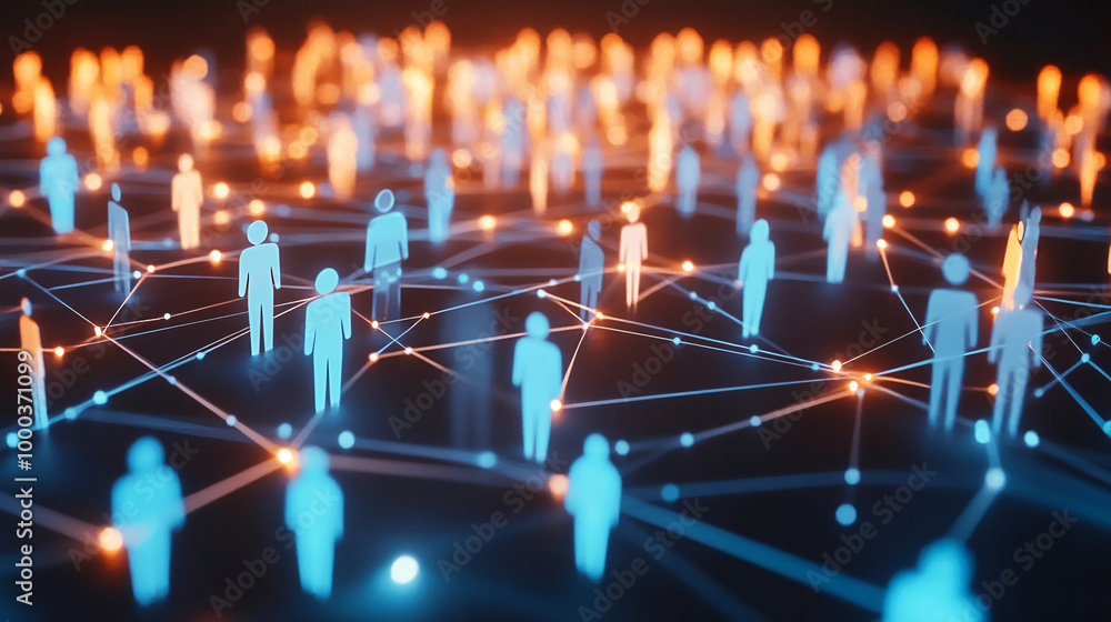 Poster illustrated human icon figures connected by lines to symbolize global communication and technology