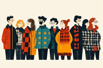 Group of stylish young people wearing colorful jackets standing together representing individuality fashion and friendship in a playful contemporary design