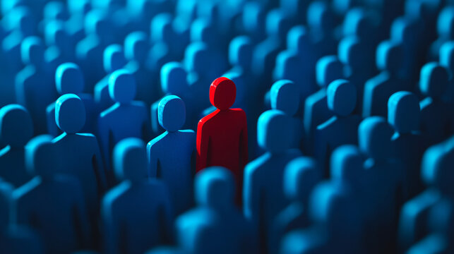 Embracing uniqueness and leadership: a red figure standing out in a sea of blue, encouraging differences