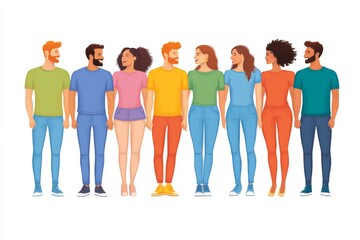 Fototapeta premium Group of six diverse people standing together representing inclusivity equality and modern representation in a flat contemporary illustration style