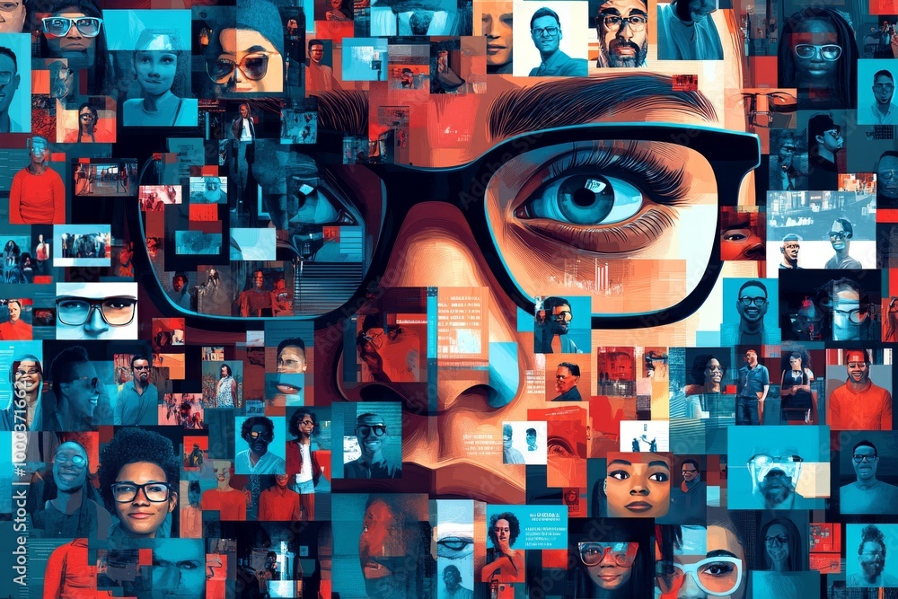 Aufkleber collage of multiple digital screens forming a human face representing technology identity and social