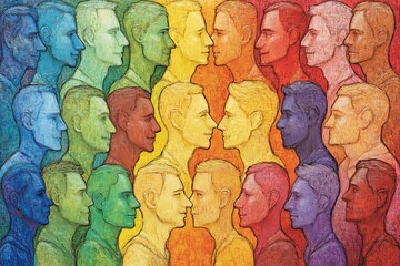 Overlapping silhouettes of diverse human profiles in rainbow colors symbolizing unity diversity and collective identity in a vibrant and bold conceptual design