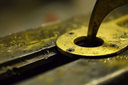 Close up of a metal worker using divider calipers on a metal plate covered in machining swarf