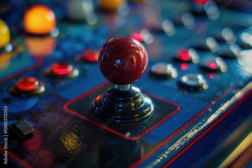 Poster red joystick standing out from crowd on classic arcade game console with colorful buttons
