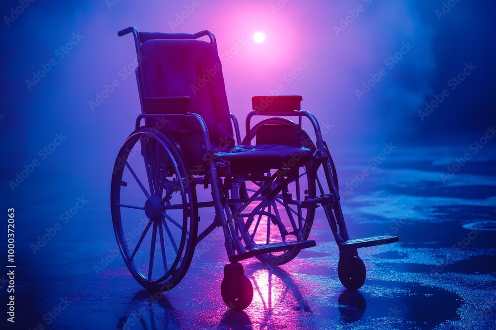 Poster empty wheelchair in a dark foggy environment with neon lighting symbolizing isolation mobility and t