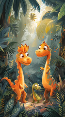 Fototapeta premium Two baby dinosaurs are standing in a jungle with a frog in the background. Scene is playful and lighthearted