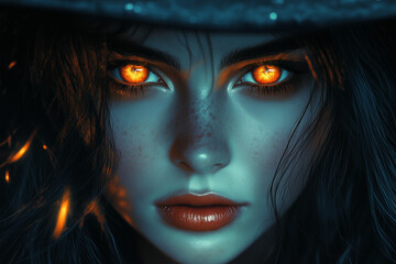 Portrait of a beautiful witch with a pumpkin, featuring a glamorous woman with dark makeup, captivating eyes, and stylish hair in a close-up Halloween-themed shot