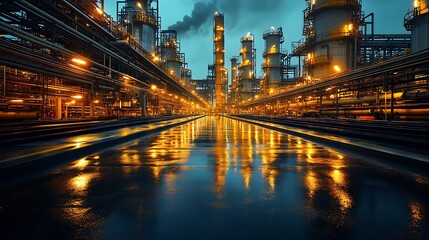 Naklejka premium Industrial complex at night with reflection in water