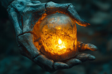 skeleton hand holding a spooky lantern
