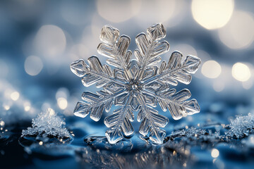Christmas Snowflake Background with Winter Decorations and Blue Frozen Flakes