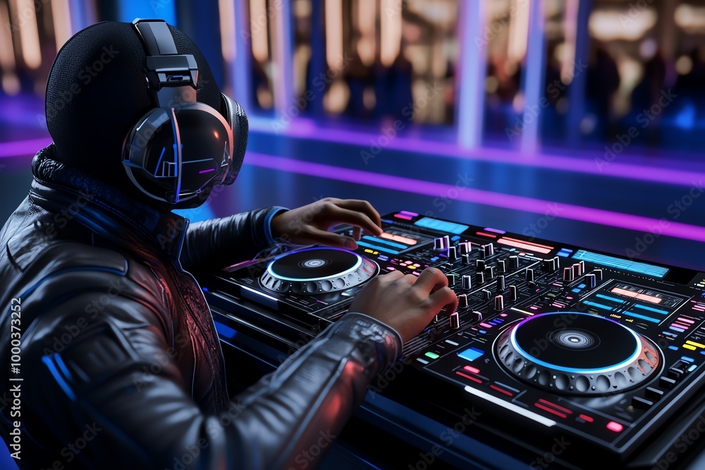 Poster 3D digital DJ set, where users can control the beats, mix tracks, and perform in front of a virtual crowd in an immersive, fully interactive environment