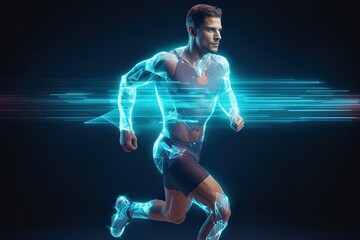 Fototapeta premium Hologram, athlete and running for wellness, exercise for healthy lifestyle and track heart rate.