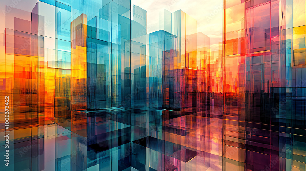 Aufkleber mesmerizing cityscape with vibrant skyscrapers casting reflections on glossy surface. a captivating 