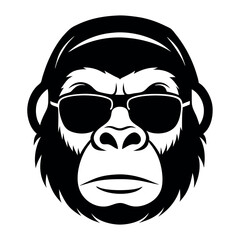a black and white illustration of a gorilla's face. The gorilla has a serious expression with its eyes closed and its mouth slightly open, as if it is deep in thought