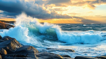 Fototapeta premium Dramatic Waves Crashing Against Rocky Coastline at Sunset