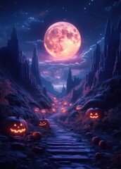 Obraz premium Mountain landscape with glowing pumpkins in the valley, full moon above, halloween theme