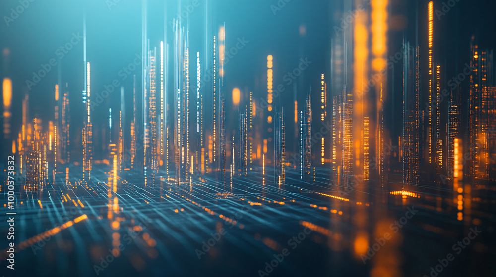 Poster cityscape illuminated by blue and orange lights, symbolizing the intersection of big data and techno