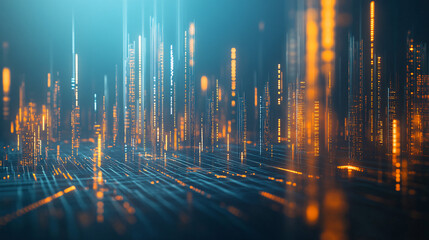 Cityscape illuminated by blue and orange lights, symbolizing the intersection of big data and technology