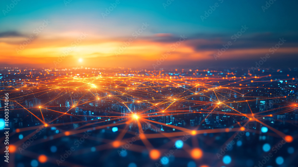 Poster futuristic cityscape showing data flowing at sunset with light trails illustrating the concept of bi