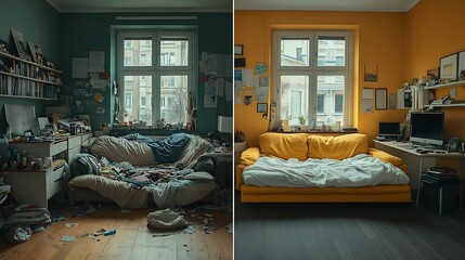 Room before and after renovation with modern interior design