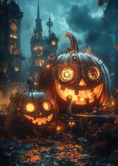 Fototapeta premium Steampunk style mechanical pumpkins with gears and clocks, surrounded by brass and copper elements, halloween theme, free space for text