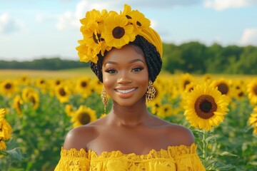 Portrait of a woman standing in a sunflower field smiling confidently symbolizing joy freedom and connection to nature in a vibrant sunlit setting