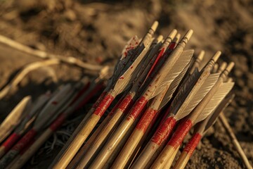 Fototapeta premium Closeup of many wooden arrows with red markings lying on the ground