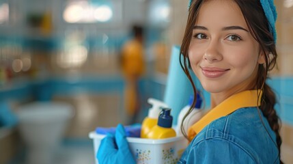 Young woman cleaning in a bright restroom during the day