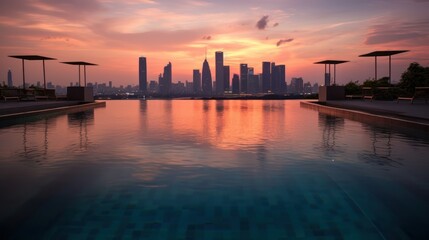 Fototapeta premium City Skyline Reflected in a Pool at Sunset