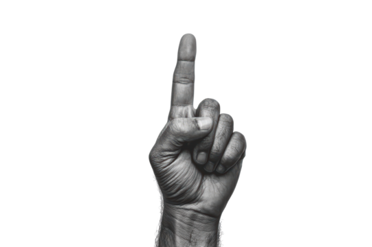 A hand showing number one gesture isolated on transparent background.