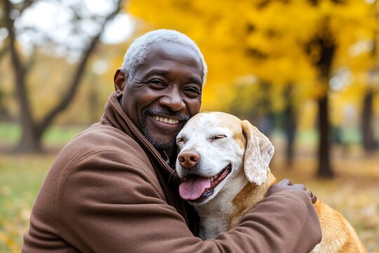 Senior black man hugging his dog in autumn park
