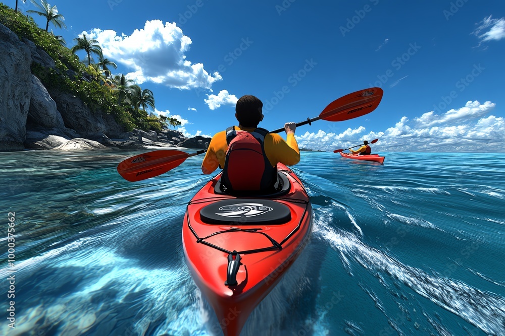 Poster 3d digital kayak adventure, where users can paddle through virtual rivers and rapids, explore hidden