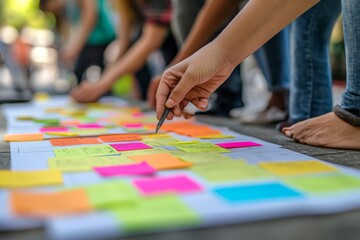Obraz premium Group of diverse people collaborating with colorful sticky notes symbolizing teamwork creativity and community in a collaborative outdoor environment