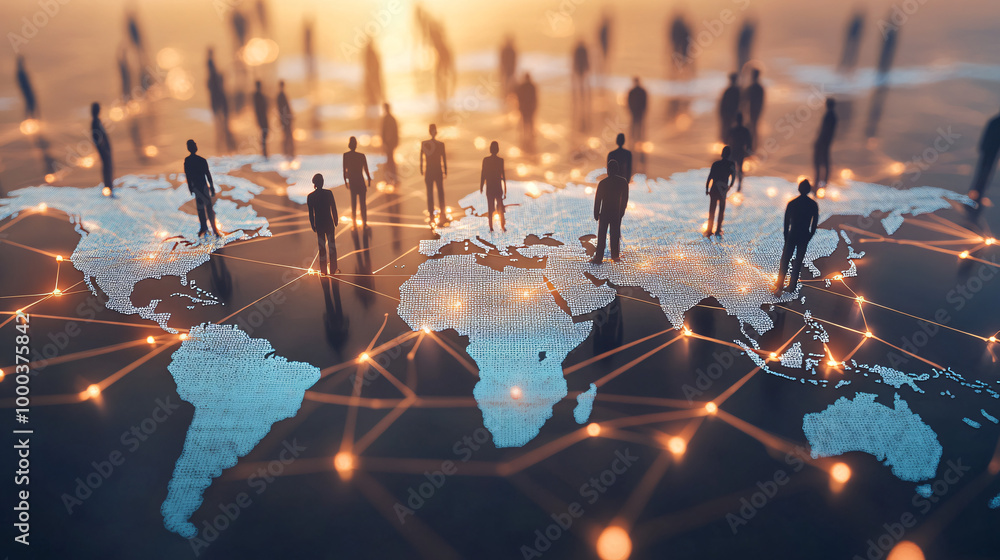 Poster silhouettes of businesspeople standing on a world map with glowing lines representing global connect