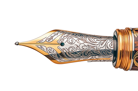 Close-up of a beautifully crafted golden fountain pen nib with intricate designs isolated on transparent background.