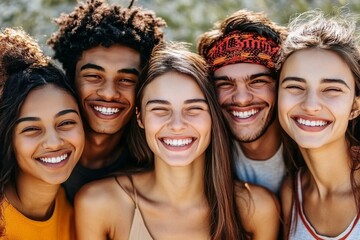 Fototapeta premium Group of friends smiling and embracing in an outdoor setting symbolizing friendship diversity and joy with warm sunlight illuminating their happy faces