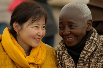 Obraz premium Multigenerational group of women smiling together symbolizing connection unity and generational wisdom in a warm outdoor setting with natural lighting