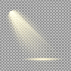 Collection of stage lighting spotlight, scene, stage lighting large collection, projector light effects, bright yellow lighting with spotlights, spot light isolated on transparent background, vector.