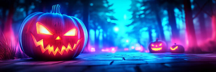 Spooky Jack-o'-lantern in a neon forest