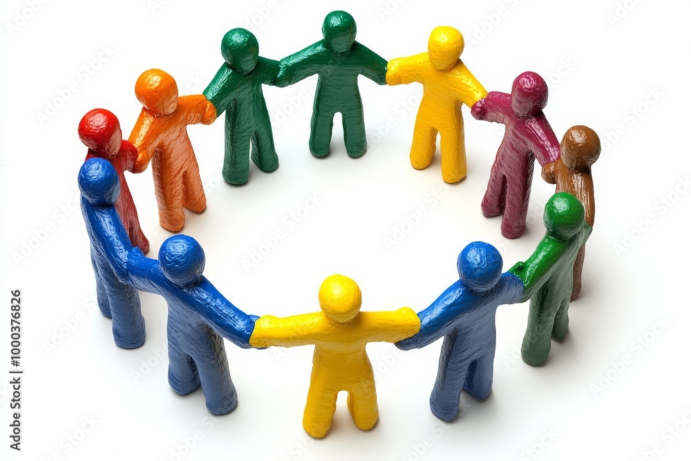 Poster 3d illustration of diverse figures standing in a circle holding hands symbolizing unity teamwork and