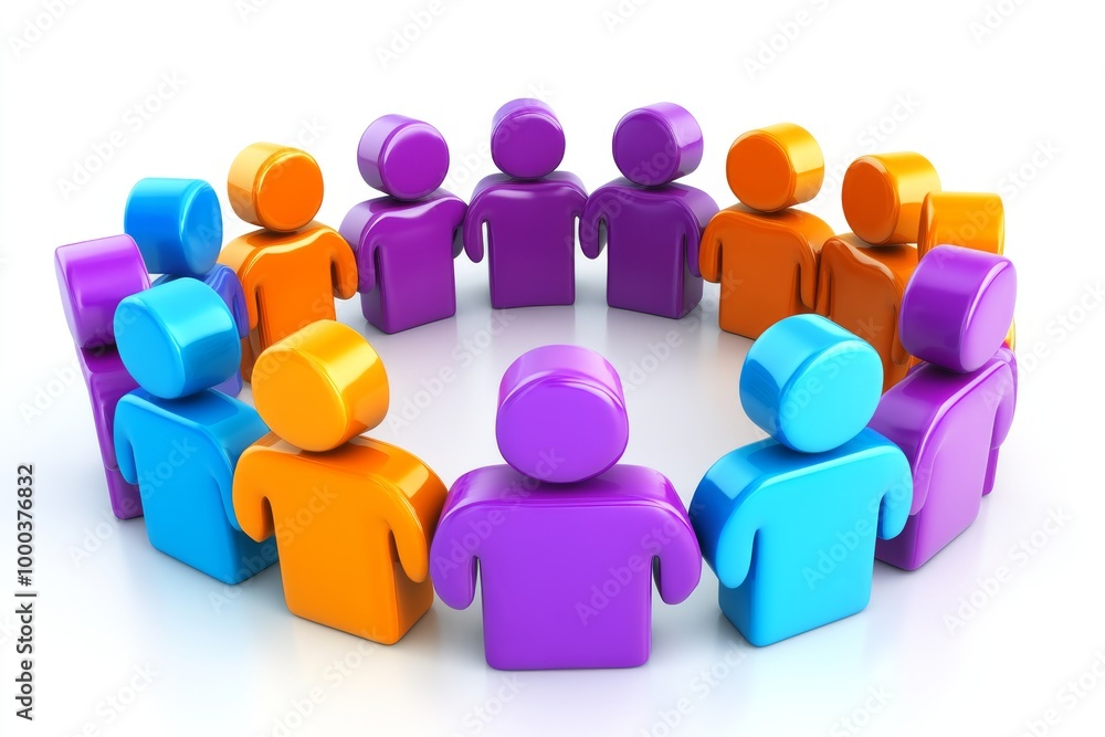 Poster 3d illustration of a circle of purple and orange figures symbolizing unity teamwork and community in