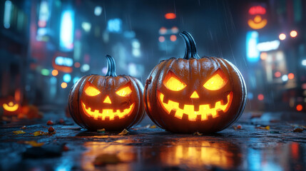 Fototapeta premium Two jack-o'-lanterns sit on a rainy city street.