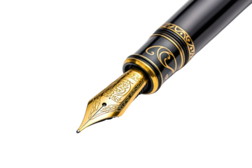 Elegant fountain pen with a golden nib, perfect for writing and signing important documents isolated on transparent background.